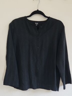 Eileen Fisher Black Silk Linen Collarless Button Front Top Shirt Large